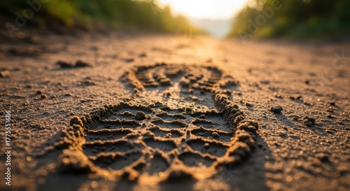 Close up of a footprint on a dirt road leading into the distance during golden hour with beautiful light and bokeh effect