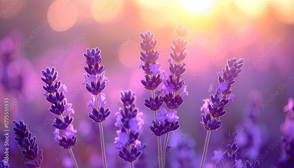 Naklejka premium Lavender field at sunrise warm golden light illuminating vibrant purple flowers soft bokeh background symbolizes summer serenity and natural beauty