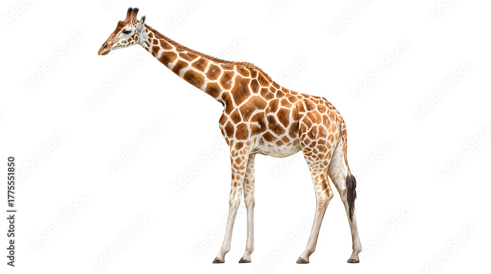 Fototapeta premium giraffe standing tall, spotted coat and long neck, elegant African animal, isolated on white background