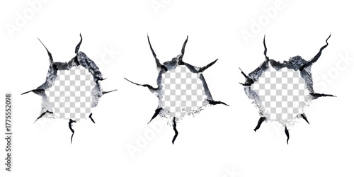 Vector set of bulletholes and wall round cracks isolated on the transparent background.