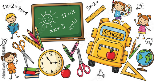 vector school children backpack chalkboard globe books supplies playful colorful educational classroom learning design
