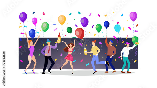 Colorful balloons and confetti floating in air, people dancing and celebrating indoors with neon lights and drinks, party hats and fun mood .vector icon