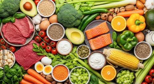 Overhead shot of healthy food ingredients arrangement