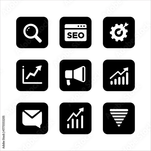 Set of 9 black icons representing seo, marketing, and analytics concepts on a