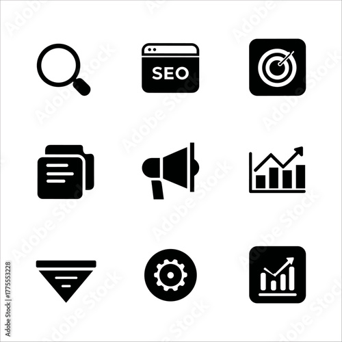 Nine black icons depicting seo, marketing, and business growth on a