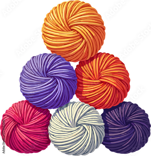 Colorful yarn balls vector illustration for knitting, crochet and crafts, cozy wool thread skeins isolated clipart, handmade hobby design element for textile art, sewing and DIY creative projects