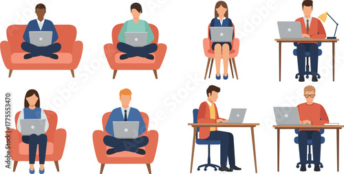 People working on laptops from home and office, remote work concept, business teamwork, online communication, modern workspace illustration