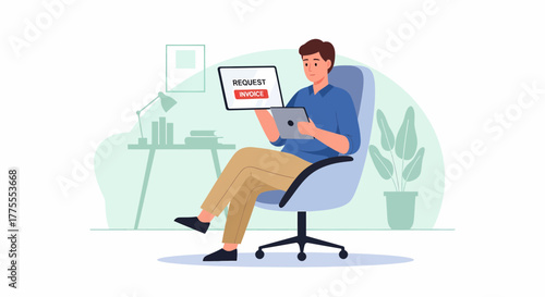 Man Managing Invoices Digitally With Tablet In Modern Office Setting