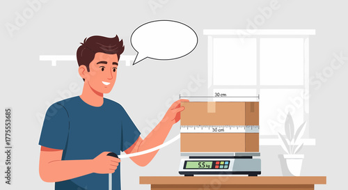 Man Measuring And Weighing Package For Shipping At Home