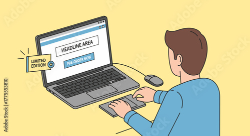 Man Using Laptop For Limited Edition Pre Order Online Shopping