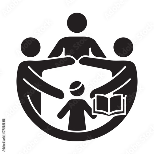 Black Silhouette Icon of People in Circle with Child and Book