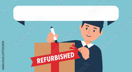 Man With Refurbished Box And Speech Bubble On Light Blue Background