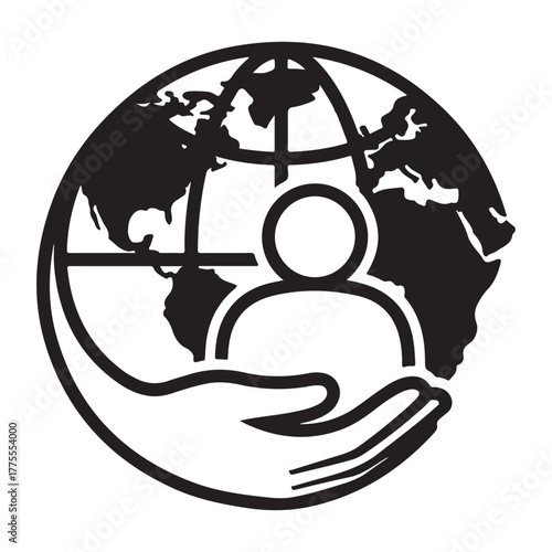 Circular Black Outline Icon: Earth, Human Figure, Supporting Hands