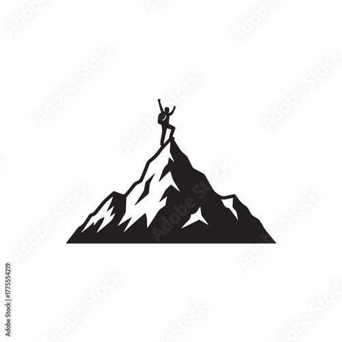 Silhouette of mountain climber reaching summit, white background