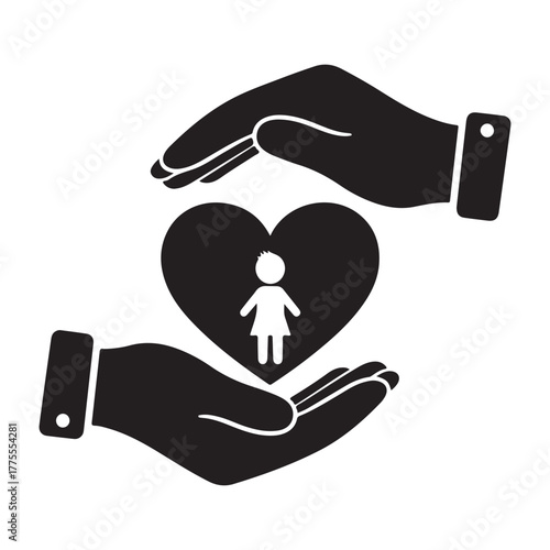Minimalist Silhouette Icon of Hands Protecting Heart and Child
