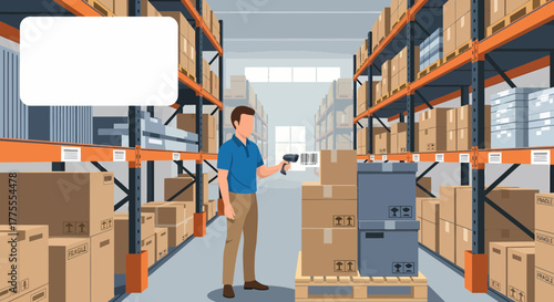 Warehouse Inventory Management With Barcode Scanner And Cardboard Boxes