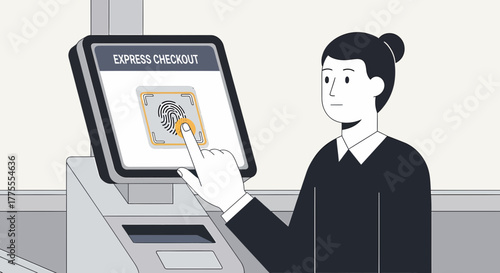 Woman Using Express Checkout With Biometric Fingerprint Verification