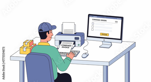 Worker Managing Combined Orders and Printing Invoices In Business Environment