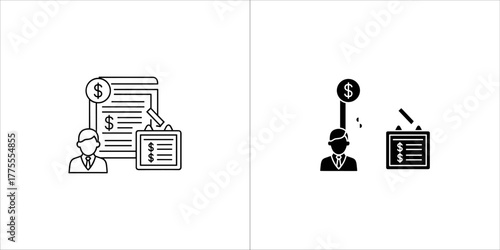 Two icons showing a person reviewing financial documents and a coin, one line art and one silhouette