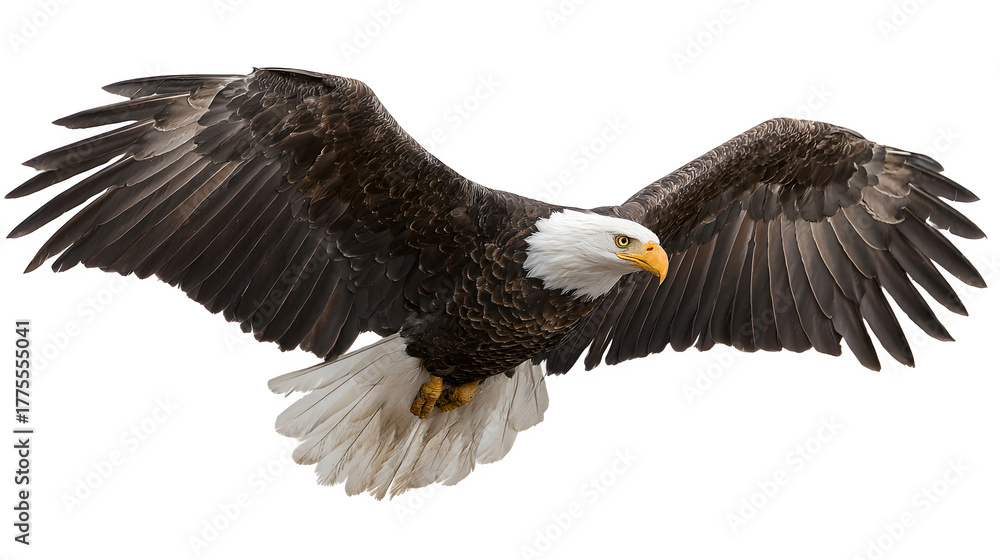 Obraz premium bald eagle flying on white background, wings spread, isolated on white background