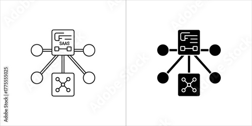 Network diagram with central hub and connected nodes, line art and solid icon versions