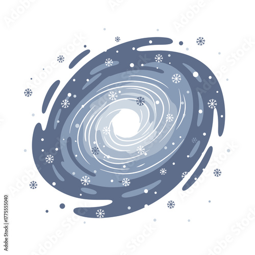 Cosmic snowstorm with swirling nebula and snowflakes  