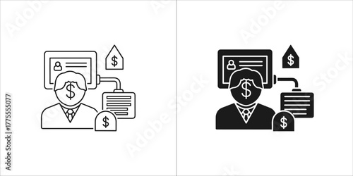 Financial advisor with dollar sign and computer screen, representing investment and wealth management