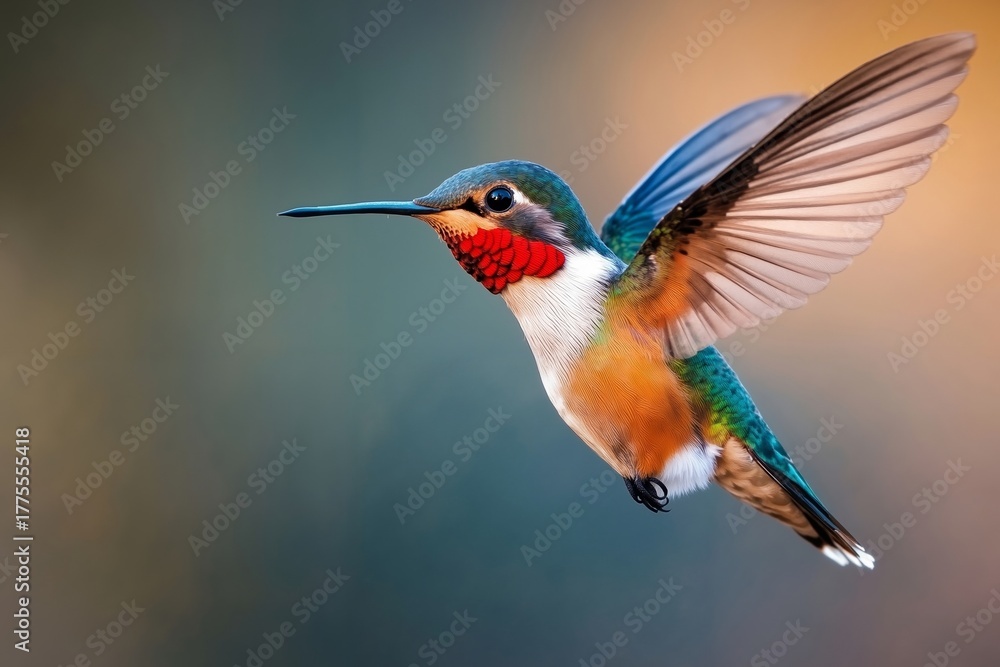 Fototapeta premium A hummingbird flying through the air with its wings spread