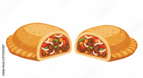Flat 2D vector illustration showing delicious golden brown empanadas sliced open to reveal savory meat filling inside, isolated on a clean white background.