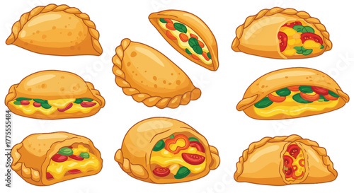 Delicious Latin American empanadas filled with rich cheese and colorful vegetables are presented in a clean, flat 2D vector illustration isolated against a pure white background.