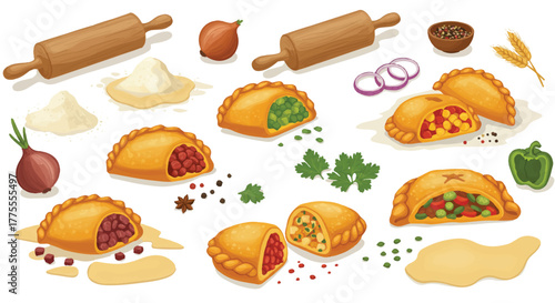 Traditional homemade empanadas, both cooked and uncooked, are featured alongside essential fresh ingredients in a vibrant, flat 2D vector illustration isolated on a clean white background.