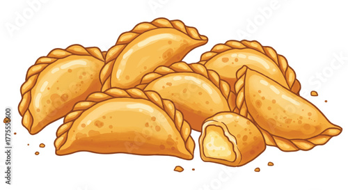 Delicious fried empanadas with a realistic savory texture and golden crumbs are showcased in a flat 2D vector illustration isolated on a clean white background.