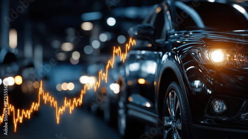Automotive Market Trend: A line of sleek, modern cars stands as a visual metaphor for the dynamic trends influencing the automotive market, a rising line illustrating financial performance.