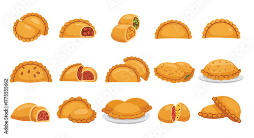 Empanadas food icon set rendered in a flat 2D vector illustration style, showcasing various savory filled pastries and appetizers isolated on a clean white background.