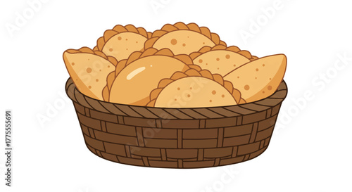 Flat 2D vector illustration showing several golden-brown savory empanadas neatly arranged inside a woven basket, isolated on a clean white background.