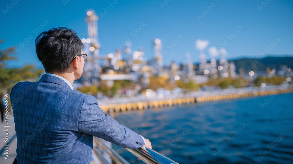 Fototapeta premium The Visionary and the Industrial Landscape: A businessperson gazes out at a modern industrial site, contemplating progress, innovation, and industry. The serene water reflects the sky.