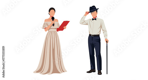 Elegant woman with microphone and clipboard addresses distinguished gentleman in hat with cane, perfect for event planning or historical drama