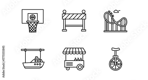 Collection of playful icons featuring a basketball hoop, road barrier, roller coaster, boat, food cart, and unicycle for vibrant, fun designs