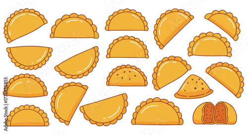 Empanadas, traditional Latin American stuffed pastries, are depicted in a vibrant 2D flat vector illustration featuring different sizes and crimped edges on a clean isolated white background.