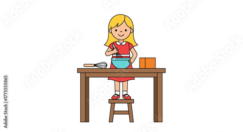 Joyful young girl enthusiastically mixing ingredients in a bowl for baking, creating delicious treats with a smile.