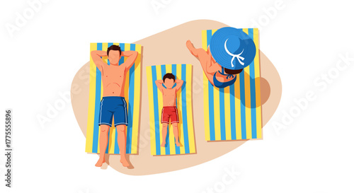 Joyful family sunbathing on beach towels, embracing summer vacation relaxation and blissful outdoor leisure time together