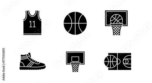Dynamic collection of basketball icons including jersey, ball, hoop, court, and sneaker for sports design inspiration