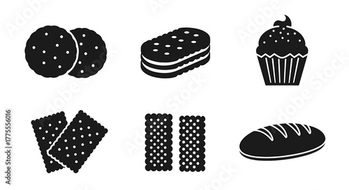 Delicious baked goods collection including cookies, sandwich biscuits, cupcakes, crackers, and bread perfect for culinary projects