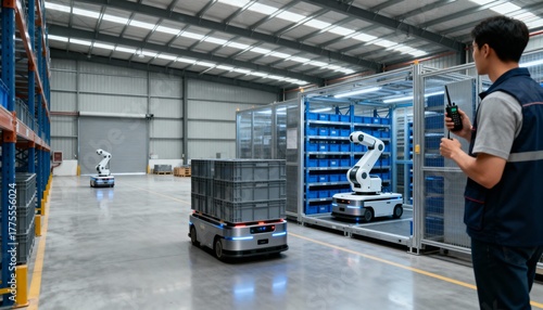 Autonomous mobile robots working in a modern warehouse. Engineer supervising automated logistics with a walkie-talkie. Smart factory and Industry 4.0 concept