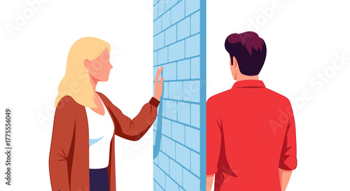 Woman and man separated by a blue brick wall, symbolizing distance, barriers, or communication challenges in relationships and business.