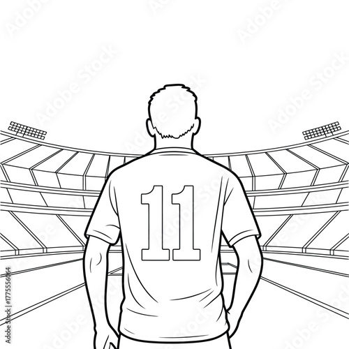 Soccer player with number 11 on jersey facing empty stadium