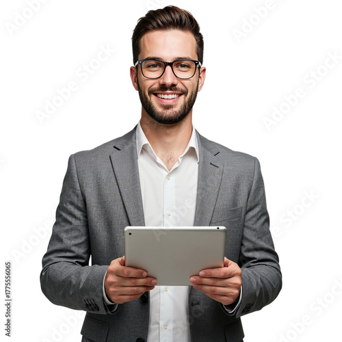 Smiling man in gray suit holding tablet in professional business setting isolated on transparent background