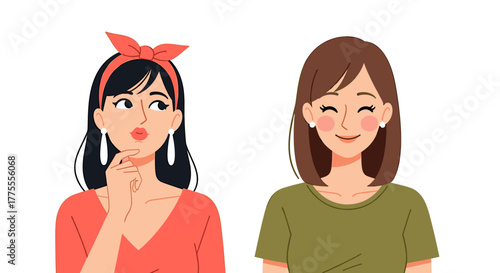 Two expressive women, one thoughtful and curious, the other joyful and content, depicting contrasting emotions and moods.