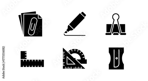 Essential office supplies and tools for productivity and organization: paperclip, marker, binder clip, ruler, protractor, sharpener