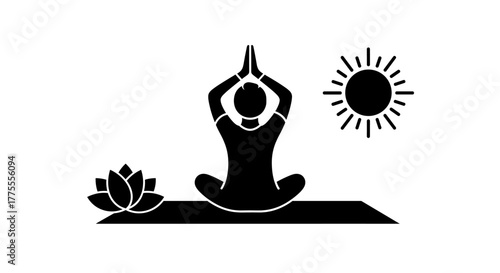 Serene individual meditating outdoors on a yoga mat, embracing tranquility with a blooming lotus flower and radiant sun nearby